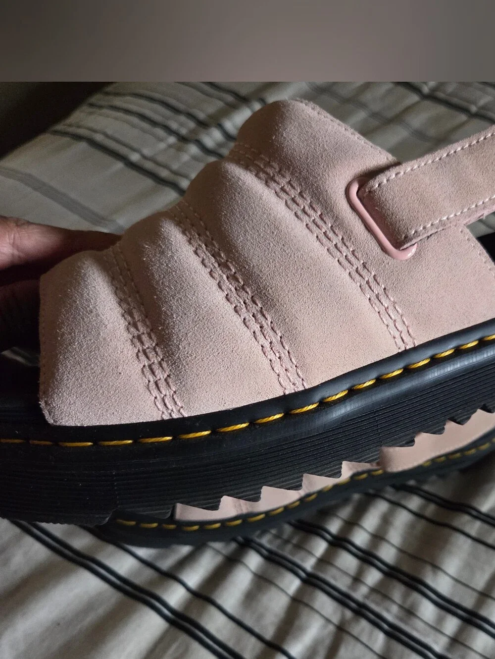 Dr. Martens Pink Suede Kole Platform Sandals with Black Lug Sole